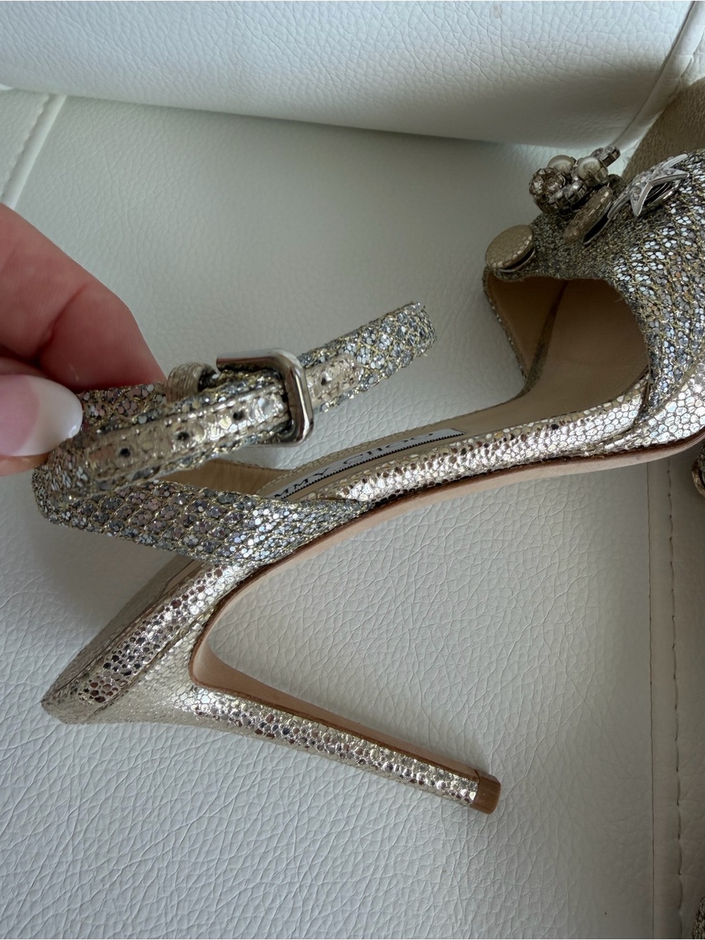 Jimmy Choo Gold Jeweled Ankle-Strap Sandals - Picture 6 of 8